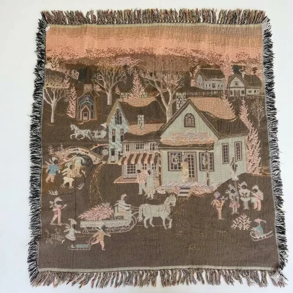 Vintage Christmas Woven Throw Blanket Winter Village Tapestry Fringe 47x53